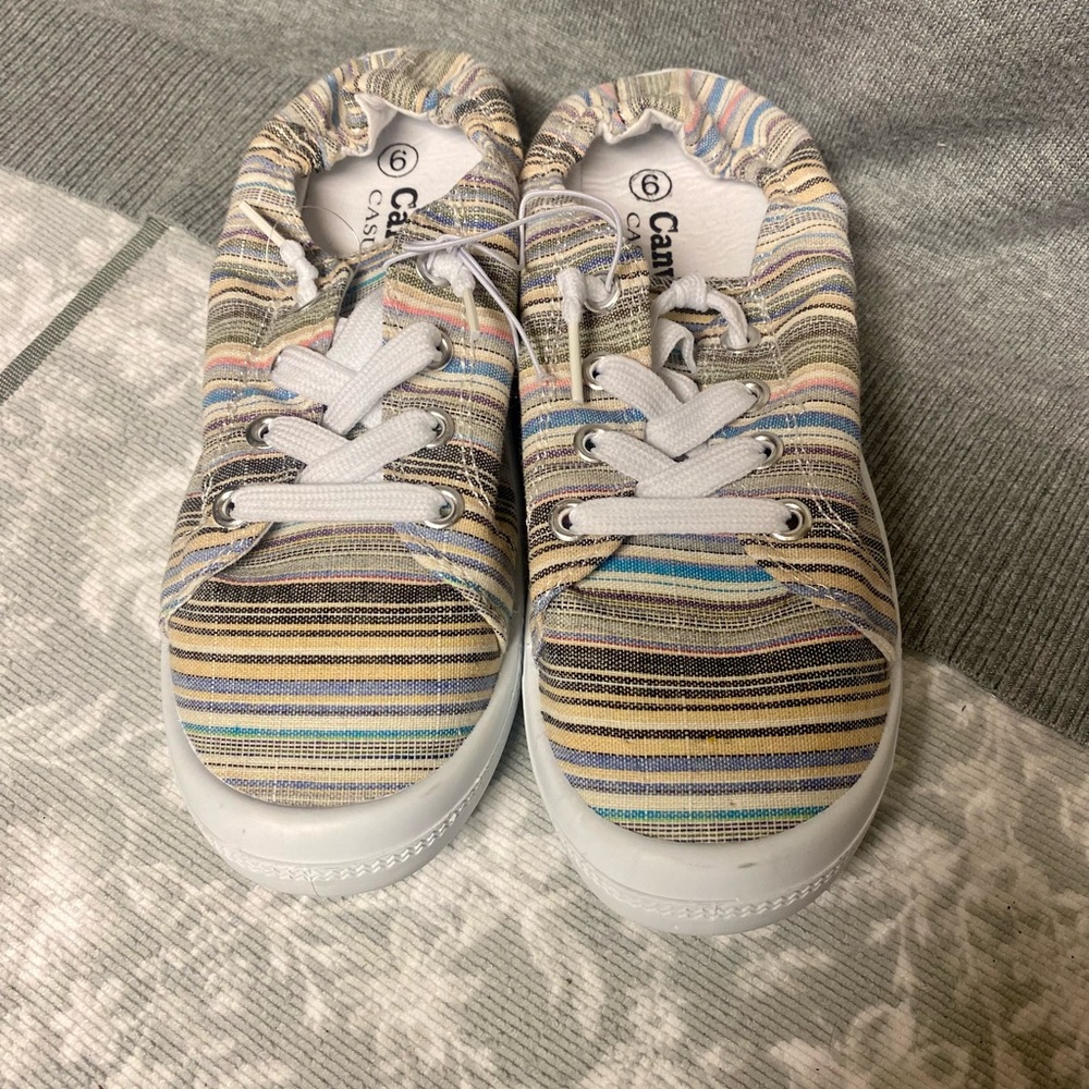 Striped Pastel Canvas Sneakers. Size 6. Scrunch Back Canvas Sneakers.